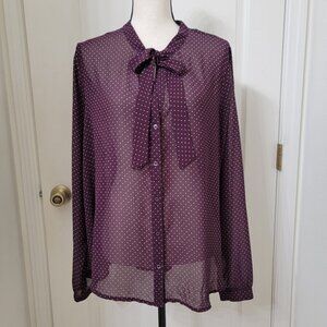 Forever 21+ Size 3X Deep Purple with White Polkadot Tie Neck Button Down Blouse